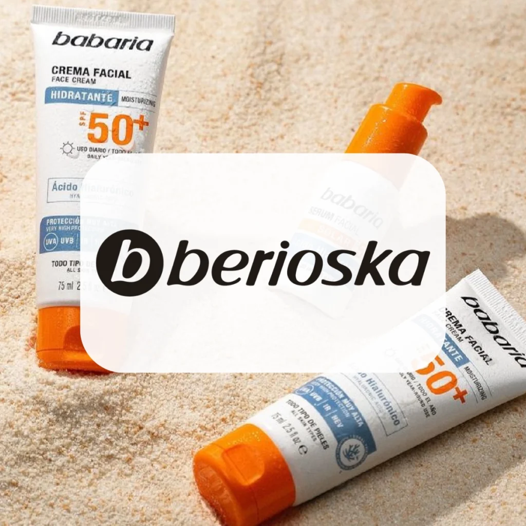 Logo berioska with its sun care products babaria